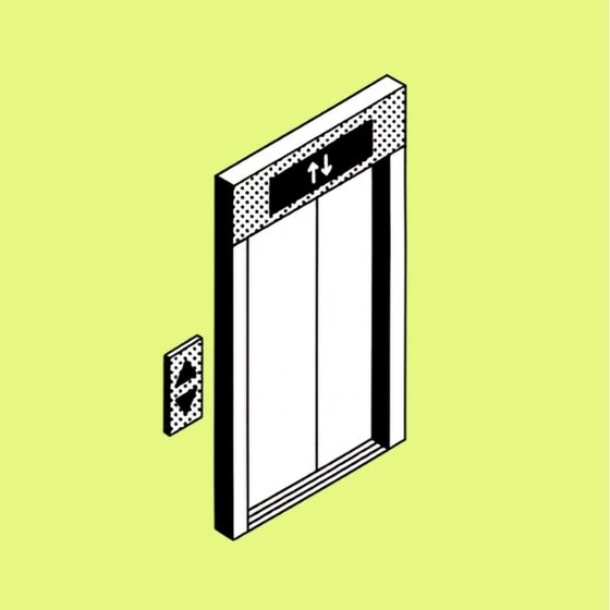 An open invitation: a black-and-white elevator against a bright yellow-green background